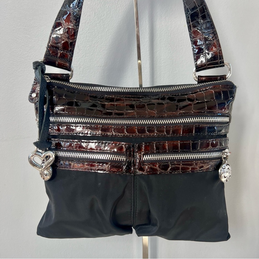 Brighton Go Go Crossbody Messenger Bag Black Brown Nylon Croc Embossed Leather